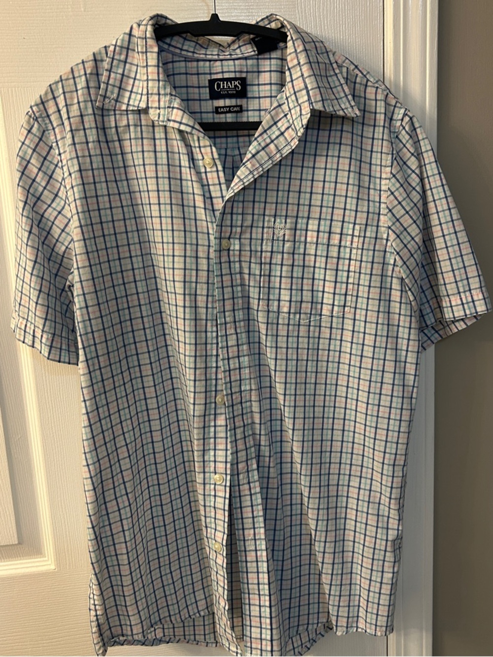 Chaps Short-Sleeve Button-Down Shirt - White with Blue & Pink Plaid